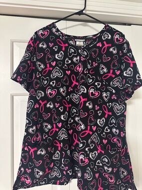 Scrubstar Black Top with Pink and White Heart & Ribbon Print